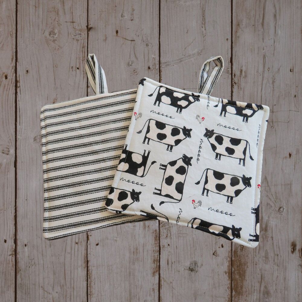 Handmade Potholder, Set of 2, Reversible Cows and White and Black Ticking